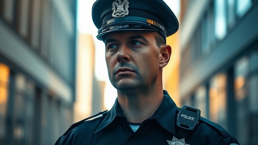 Pensive police officer in urban setting, symbolizing police-community trust and safety.