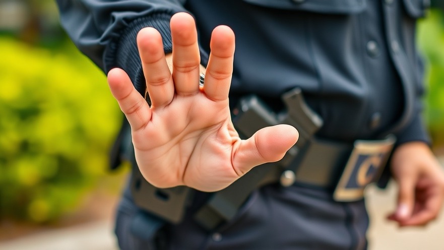 Police officer with hand on holstered gun, stop gesture.