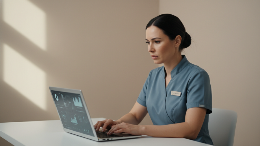 Concerned medspa owner reviews Google AI search overview data on laptop.
