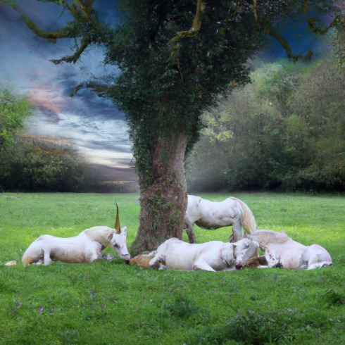 Unicorns sleeping under a tree in a meadow