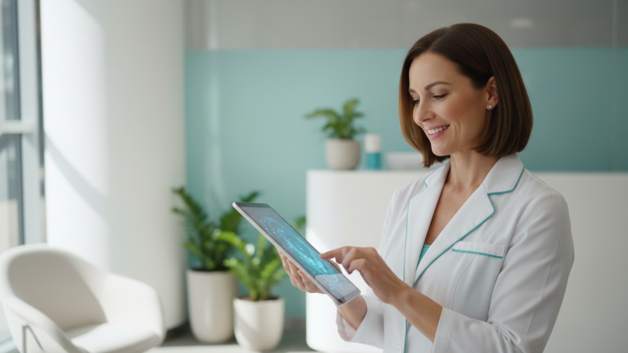 Confident medspa professional using a tablet in a bright modern clinic, enhancing Reddit community engagement.