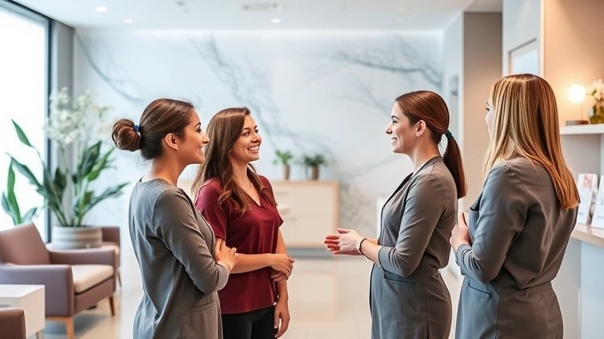 Four women in a modern, well-lit reception area, smiling and conversing, with two wearing gray uniforms and one in a red blouse.