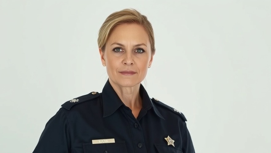 Mature police woman with glasses looking forward in neutral expression portrait.