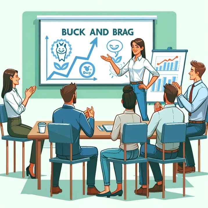 An employee proudly presenting their idea during a 'Buck and Brag' meeting. The presenter stands in front of a whiteboard, with a chart or diagram illustrating their concept. Other employees are attentively listening, showing interest and engagement. The scene conveys a sense of achievement and teamwork, with a positive and supportive atmosphere. The group is diverse in terms of gender and ethnicity, reflecting an inclusive workplace.