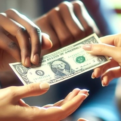 Close-up of hands exchanging a dollar bill during a 'Buck and Brag' session, symbolizing the reward for sharing achievements or constructive feedback. The focus is on the exchange, with the background blurred to emphasize the action. The hands are from people of different ethnicities, highlighting diversity and inclusion. This image captures the essence of recognition and appreciation in the workplace.