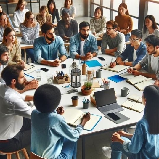 An image showing a diverse group of employees brainstorming together during a 'Buck and Brag' session. The scene is set in a bright and modern office space, with participants seated around a table, discussing ideas and strategies. Each person looks engaged and focused, contributing to the conversation. The diversity in gender and ethnicity of the participants highlights the inclusive nature of the workplace. This image embodies collaboration and collective problem-solving.