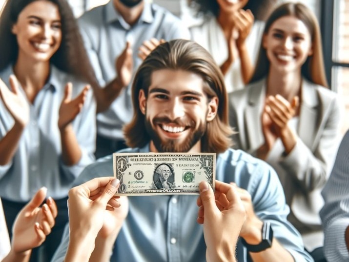 A heartwarming scene of employees applauding a colleague during a 'Buck and Brag' session. The focus is on a happy individual receiving applause and a dollar bill for their contribution. The background shows other team members smiling and clapping, creating an atmosphere of appreciation and support. The diverse group, representing different genders and ethnicities, emphasizes the inclusive and positive culture of the workplace.