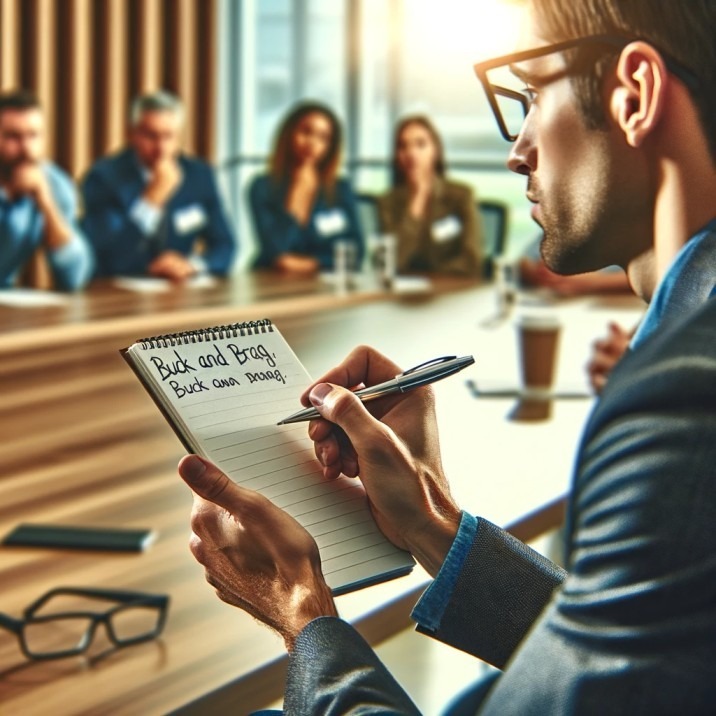 An employee thoughtfully writing down notes during a 'Buck and Brag' session. The image shows the individual in a moment of reflection, pen in hand, jotting down ideas or feedback on a notepad. Around them, the meeting room is filled with other engaged team members. This scene portrays the importance of thoughtful participation and the value of individual contributions in a collaborative setting, with a diverse group of employees in the background.