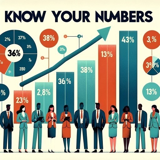 An illustration of a group of people in business attire standing in front of a colorful chart with various percentages and numbers. The chart, composed of orange, blue, and green bars and circles, is set against a light blue background. The phrase ‘KNOW YOUR NUMBERS’ is prominently displayed at the top of the image.