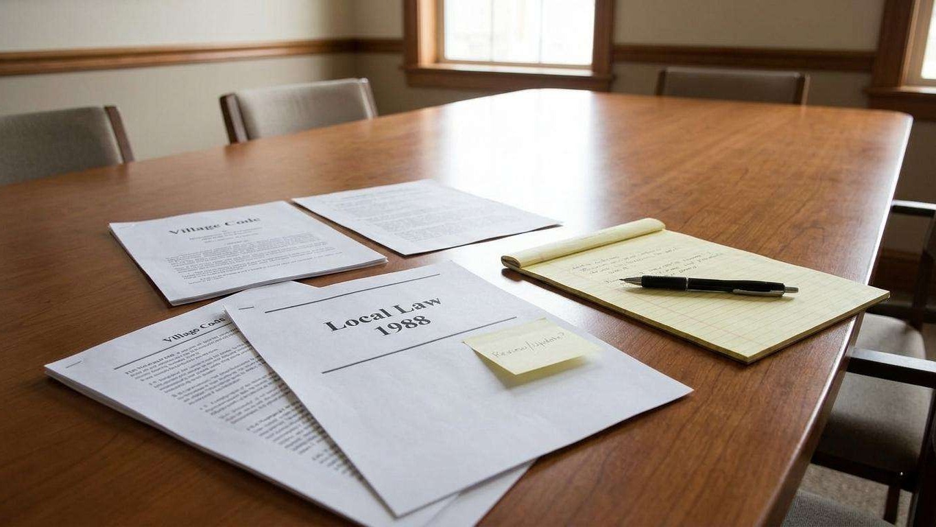 image of a serene municipal meeting room with local law documents.