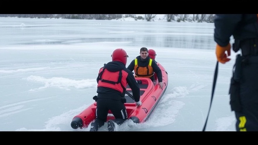 First responders performing an ice rescue, drone technology capture.