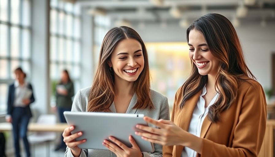 Two women discussing AI Beauty Naming with a tablet in an office.