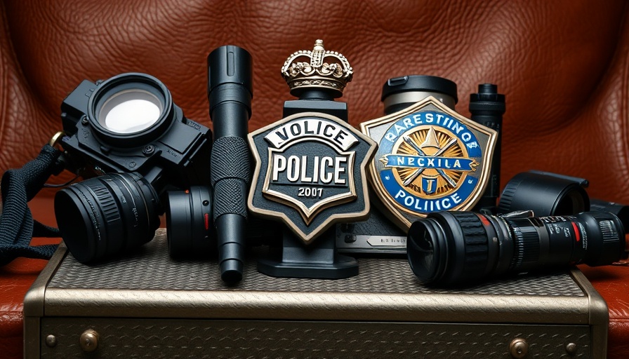 Police-themed collectible display on leather background.