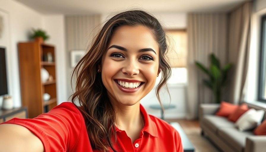Young woman smiling in a modern living room, AI content recognition