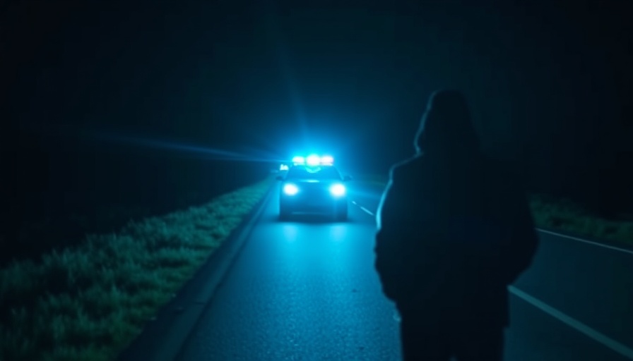 Blurred figure near police car on dark highway, emphasizing police accountability.