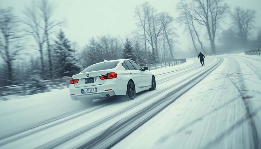 Dramatic juvenile car chase scene with car skidding on snowy road.