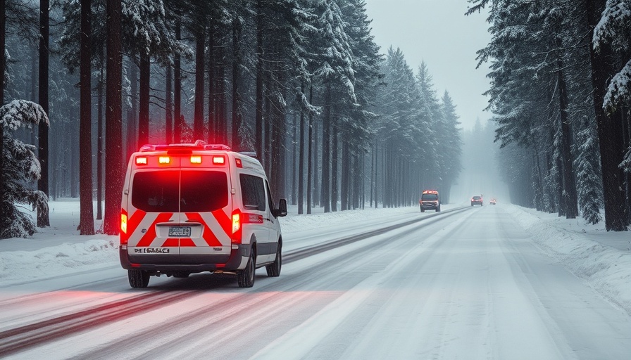 Emergency vehicle responding on snowy road with flashing lights in winter.