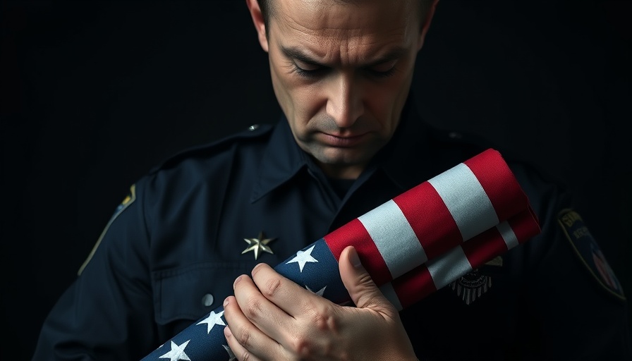 Police officer holding folded flag, symbolizing grief in law enforcement.