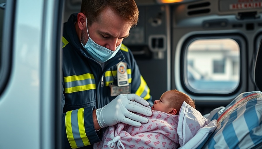 First responder caring for a newborn in an ambulance.