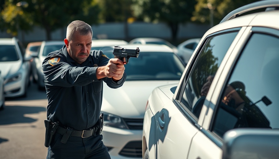 Deputy aiming firearm beside vehicle in parking lot surveillance.