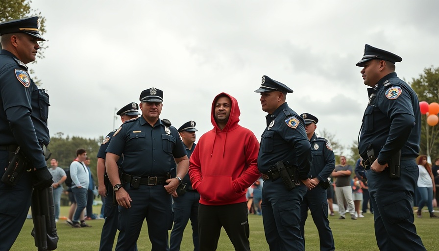 Officers and man in red hoodie at a park event, cardiac arrest response community gathering.