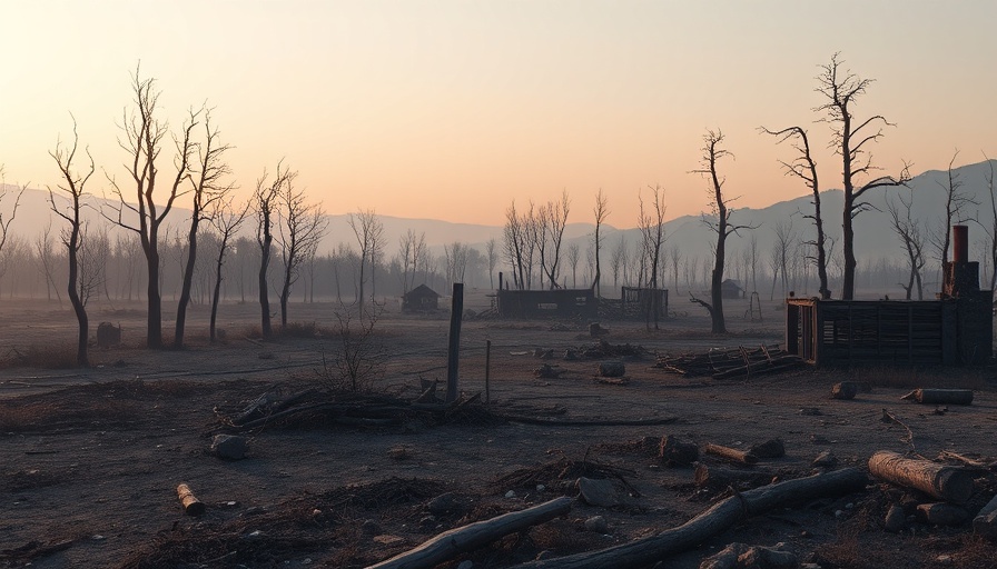 Search and rescue volunteer scene in post-wildfire landscape.