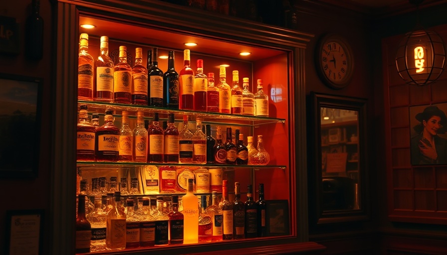 Warmly lit bar with a liquor cabinet filled with bottles, cozy ambiance.