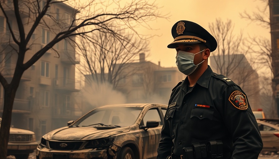 Officer in mask amidst wildfire ruins, highlighting hazardous air quality.