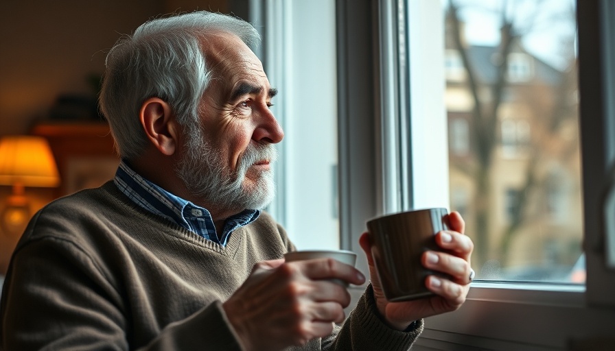 Thoughtful older man reflecting on law enforcement retirement by a window.