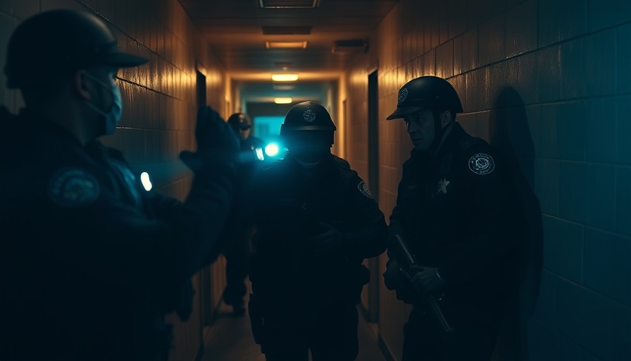 Body-Worn Camera footage of police engagement in a dim hallway.