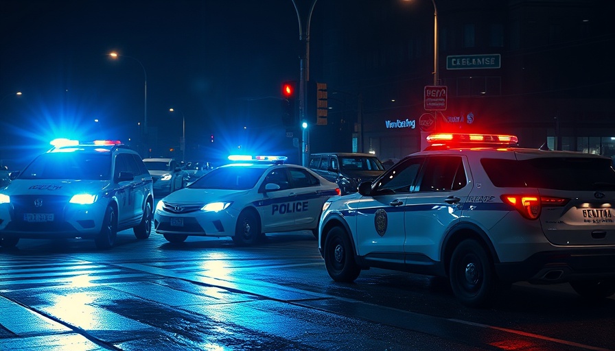 Police vehicles at night with lights flashing at an intersection.