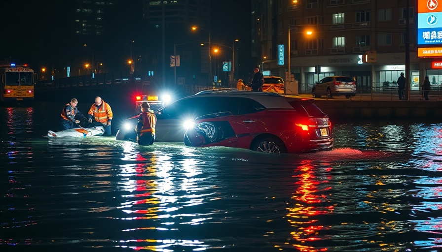 Nighttime water rescue scene with submerged vehicle and responders.