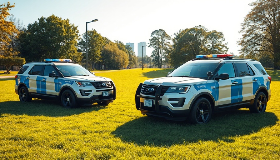 Two police SUVs in a sunlit park, health benefits for police officers.