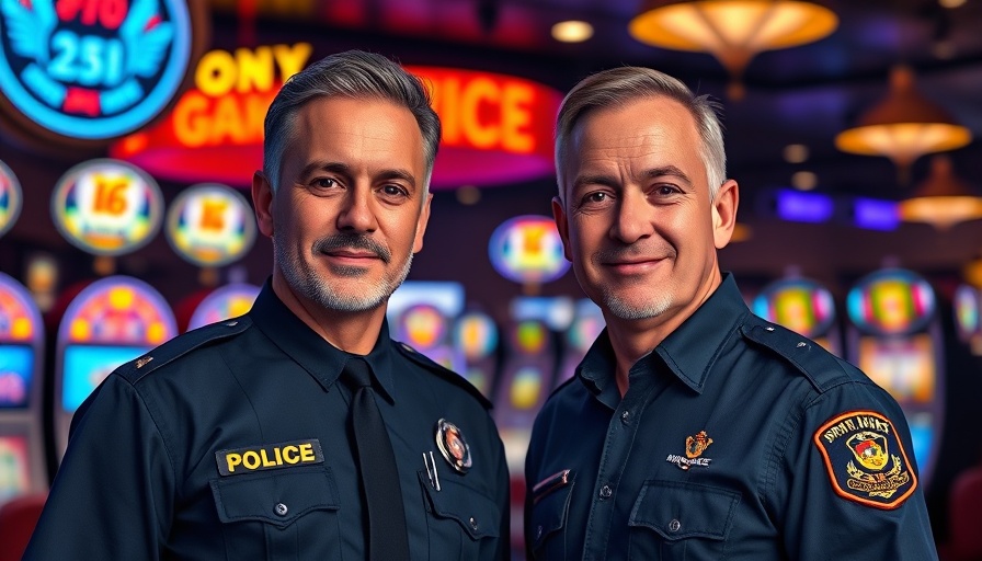 Two men in a casino, one in a police uniform, compassionate police response.