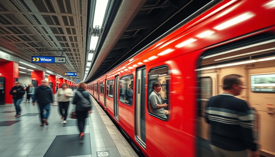 Urban safety in busy subway station with red train and people.