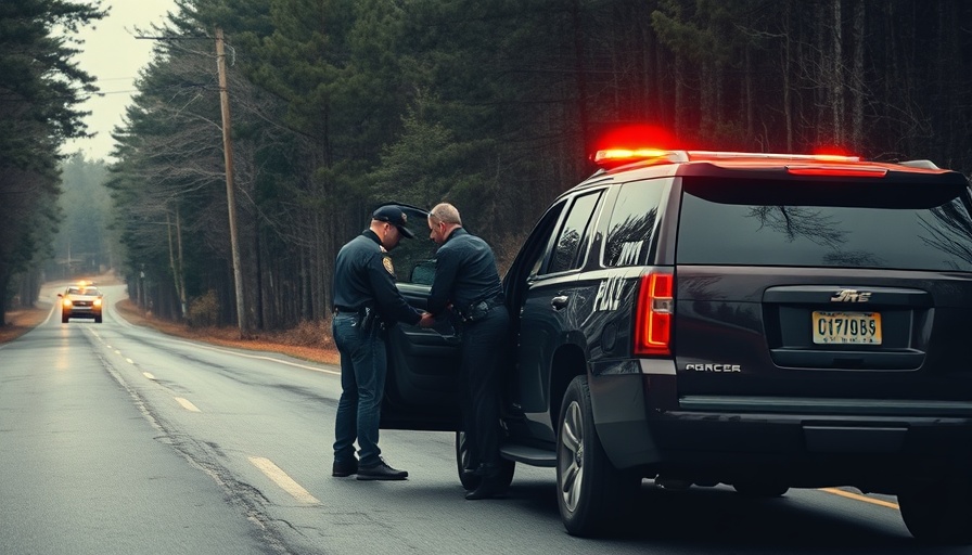 Rural police arrest scene with officer and SUV, repeat offender.