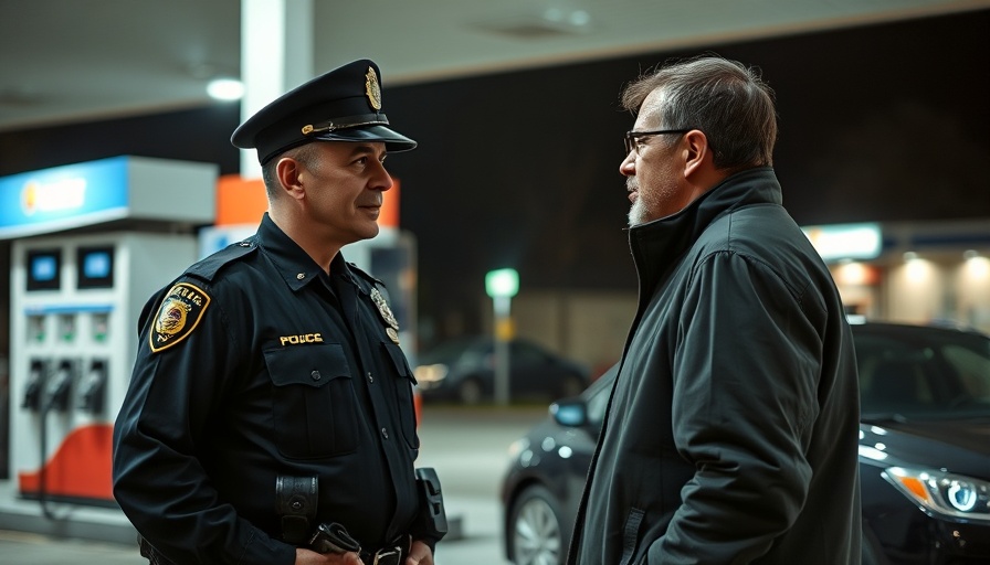 Police officer and civilian at gas station highlighting police accountability.