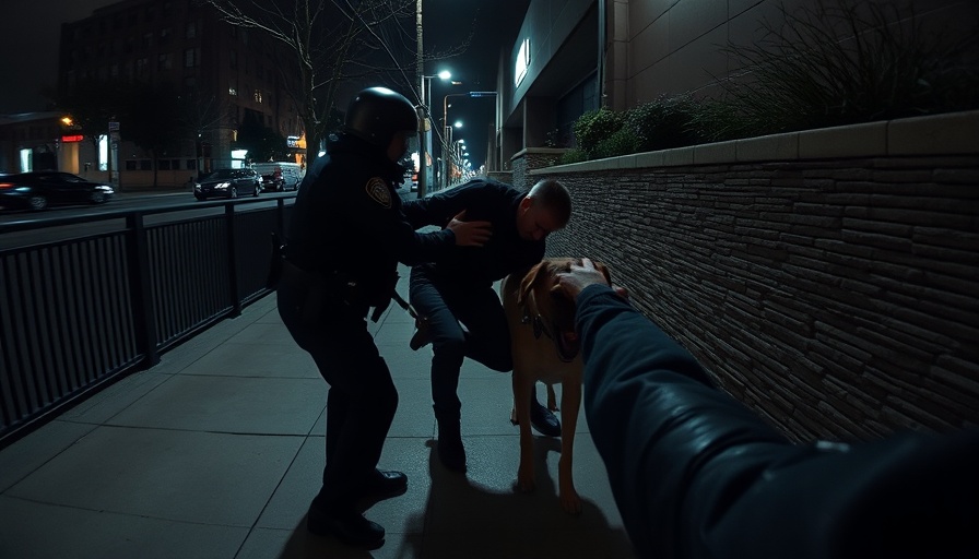 Police use of force scene with officer and dog at night.