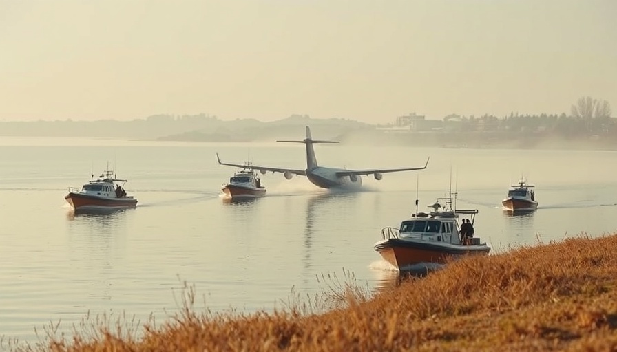 Rescue boats responding to a crash site, enhancing aviation safety.