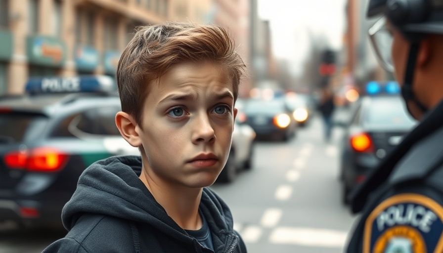 Teenage boy talks worriedly to police in urban area.