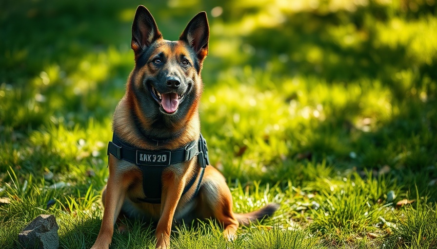 K-9 dog in protective gear sitting in a grassy area under sunlight.