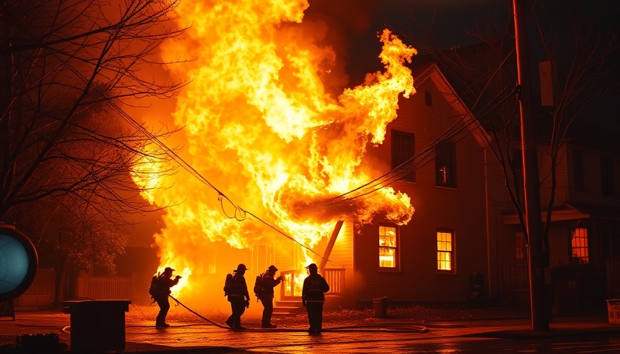 Fiery house scene illustrating intense emergency response.