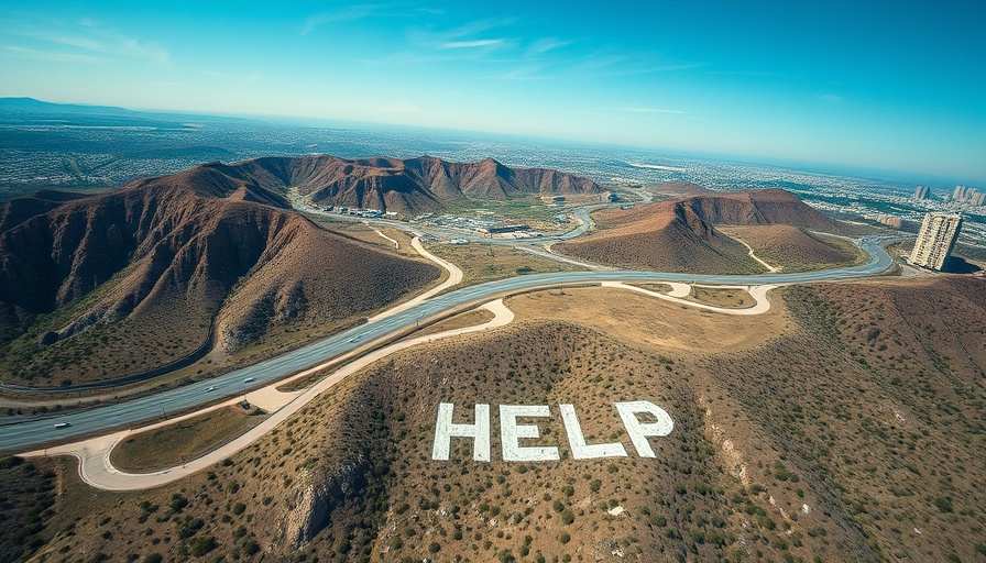 Aerial photo showing HELP sign near highway, LAPD help photo.