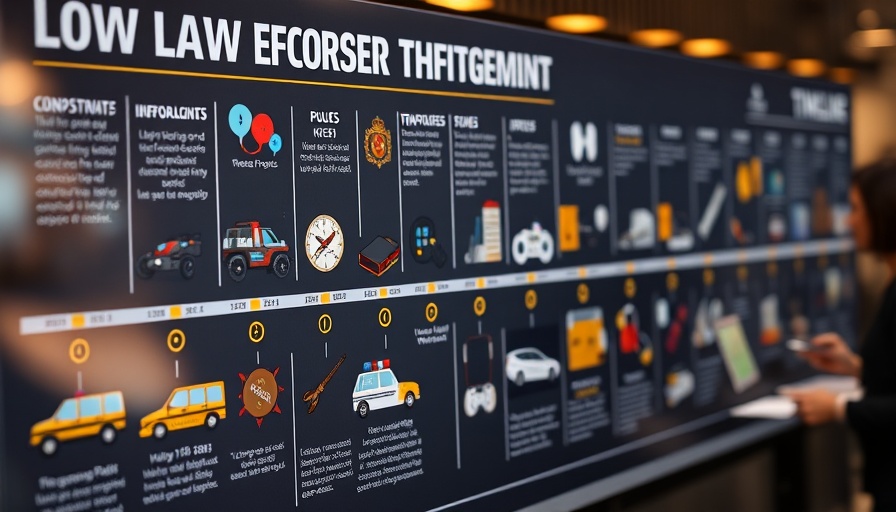 Timeline of law enforcement technology infographic with icons.