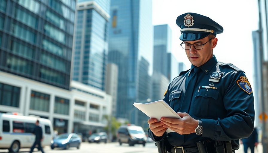 NYPD officer writing notes in an urban cityscape, focused and professional.