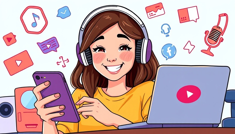Young woman engaging with content on phone, highlighted in vibrant media-themed scene.