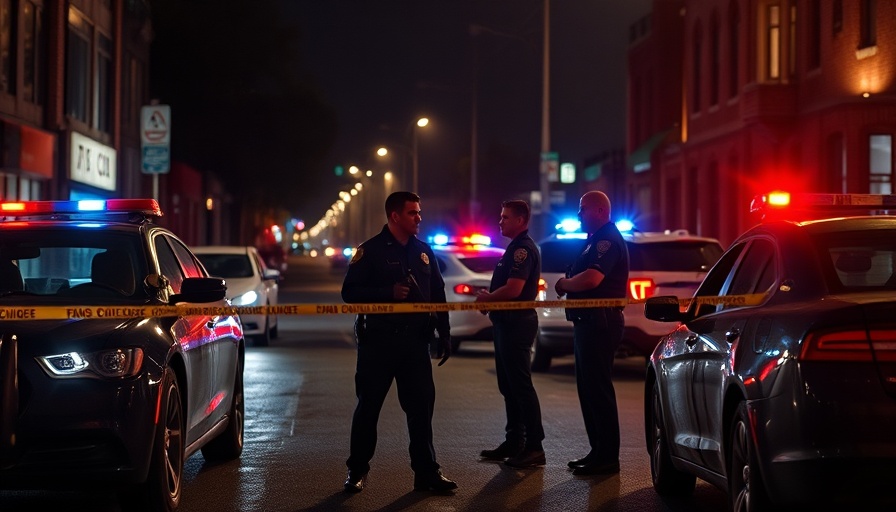 Police officers at night with patrol cars and tape.