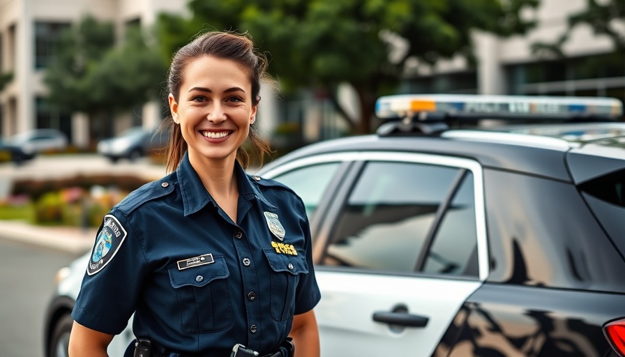 Police officer by patrol car outside municipal complex