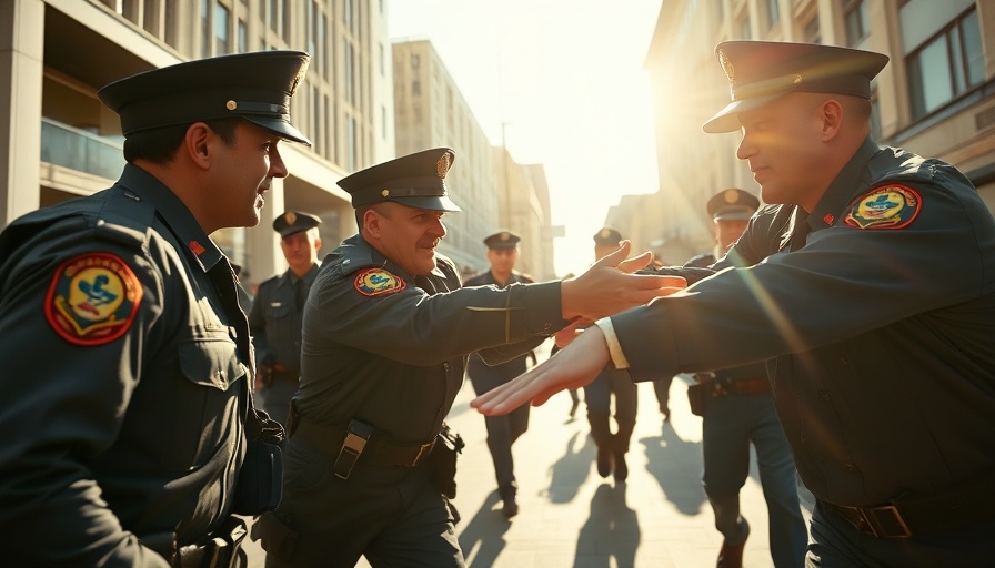 Dynamic interaction outdoors, uniformed personnel under sunlight creating lens flares.