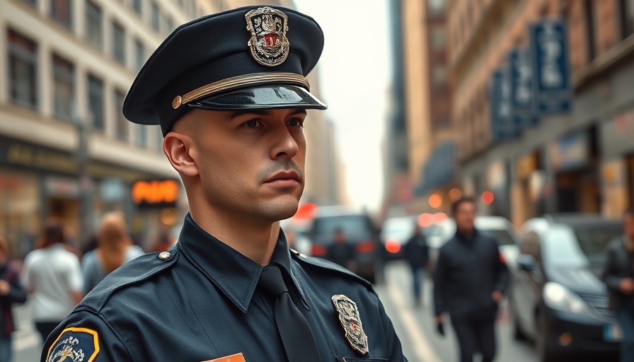 Uniformed officer standing alert in bustling street, Policing focus.